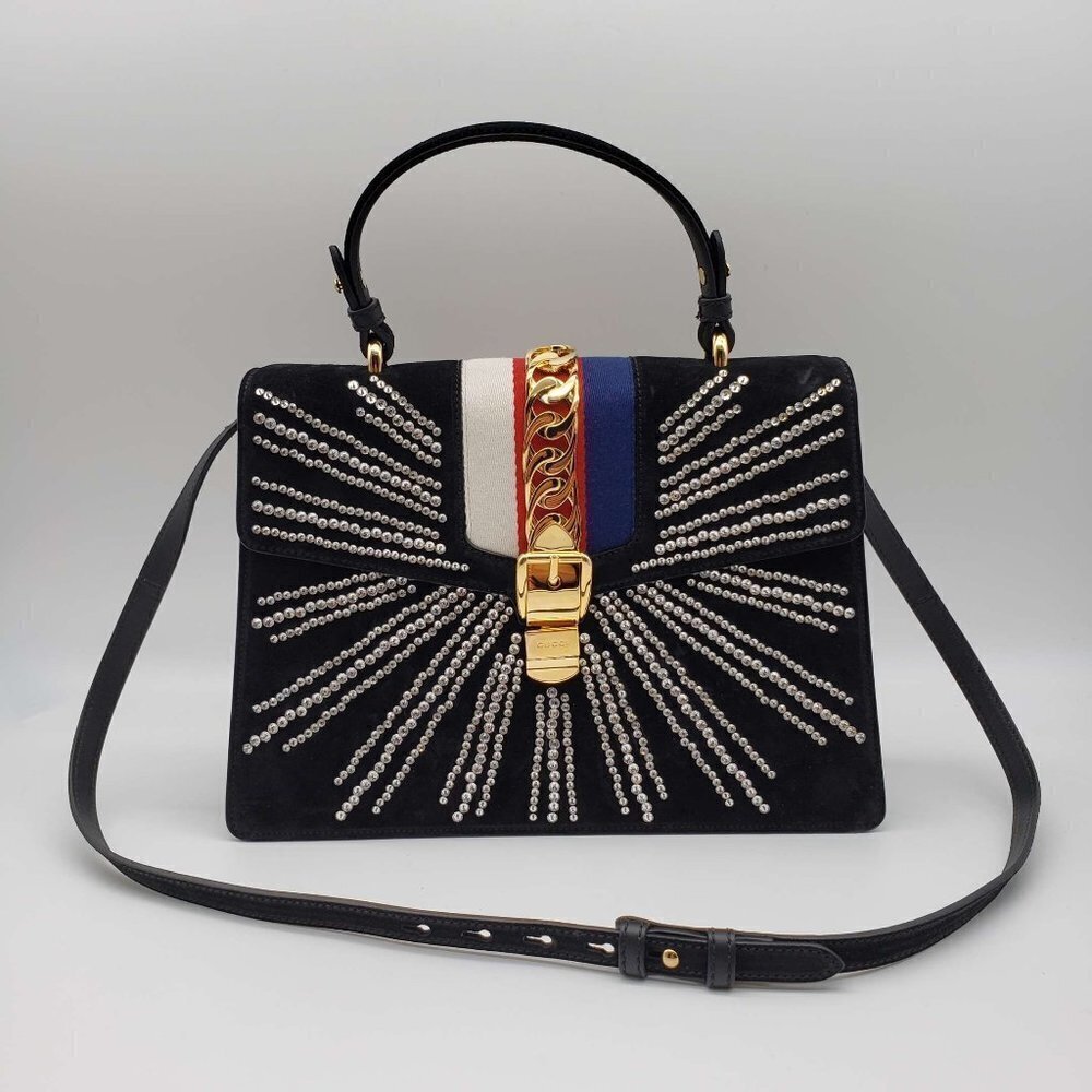 Authentic Gucci Sylvie Pearl Stud Medium Top Handle Bag Navy Leather Web Stripe